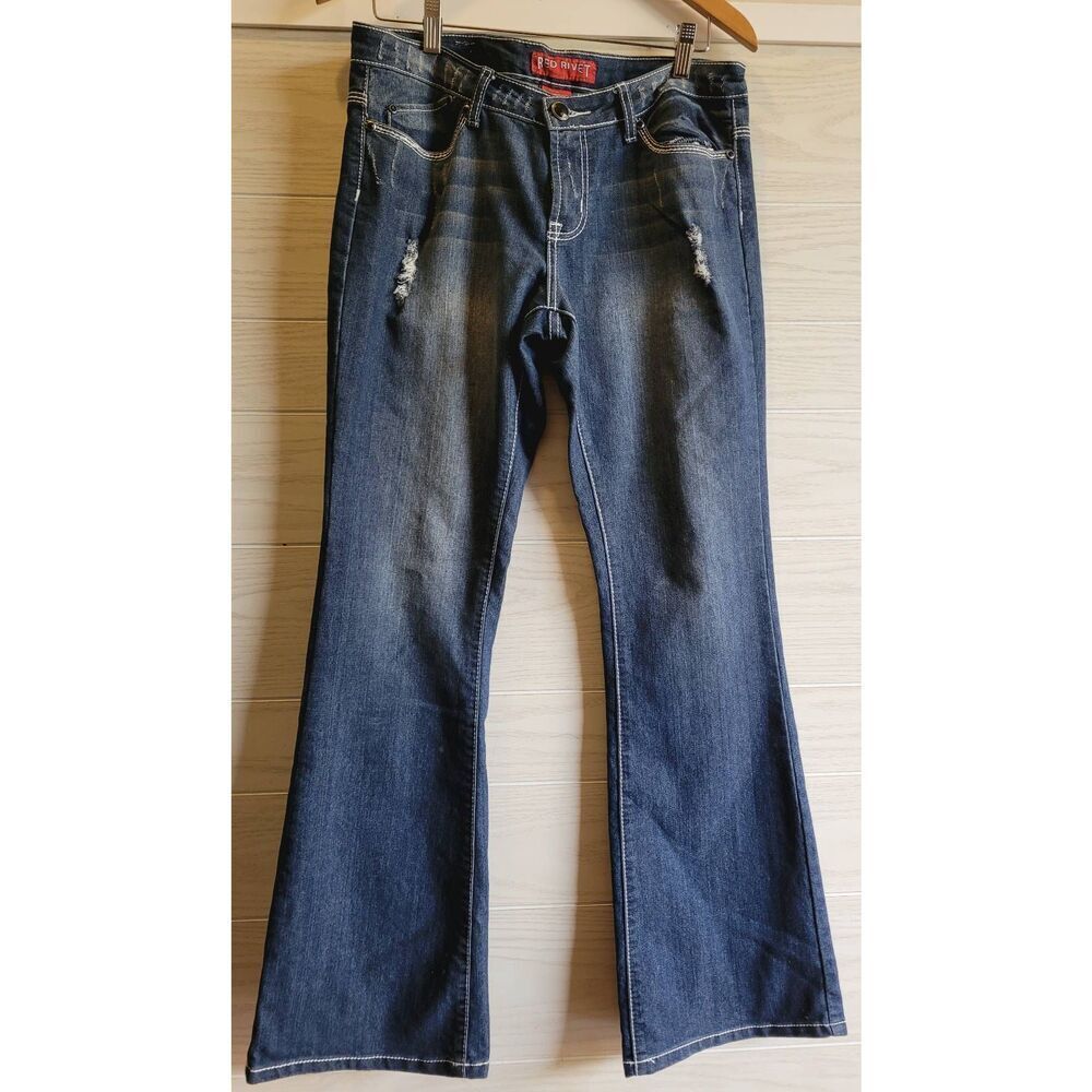 Red Rivet Embellished Dark Wash Distressed Junior Jeans Size 11